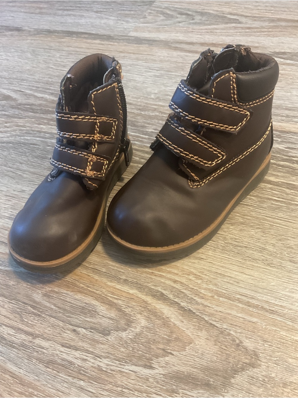 Kids Brown Leather Hook-and-Loop  Side zip Ankle Boots